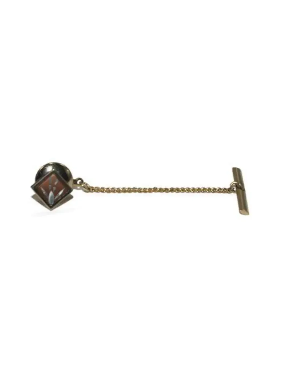 Vintage Gold Tone & Red Enamel Diamond Shape Floral Design Tie Tack with Chain.